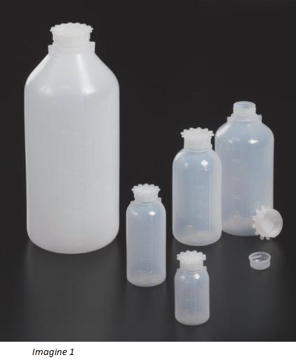 Flacoane cilindrice gradate cu gat ingust cu capac interior si exterior