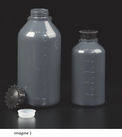 Flacoane cilindrice gradate, cu g&acirc;t ingust și cu capac interior și exterior opace