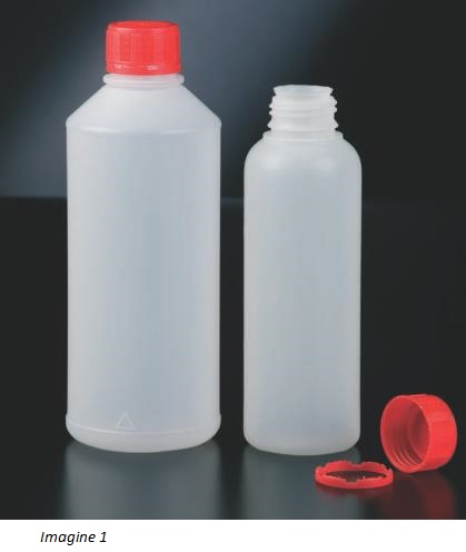 Flacoane cilindrice cu g&acirc;t &icirc;ngust și cu capac cu inel de sigilare