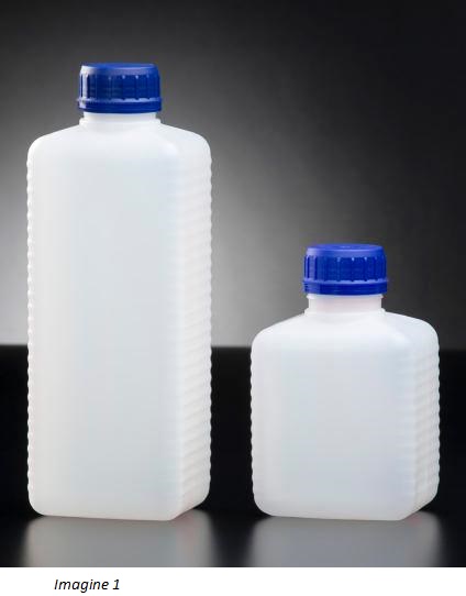 Flacoane rectangulare cu g&acirc;t larg, gradate, cu capac cu inel de sigilare