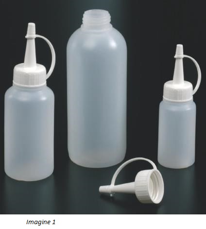 Flacoane cilindrice cu g&acirc;t &icirc;ngust și cu capac cu ștuț